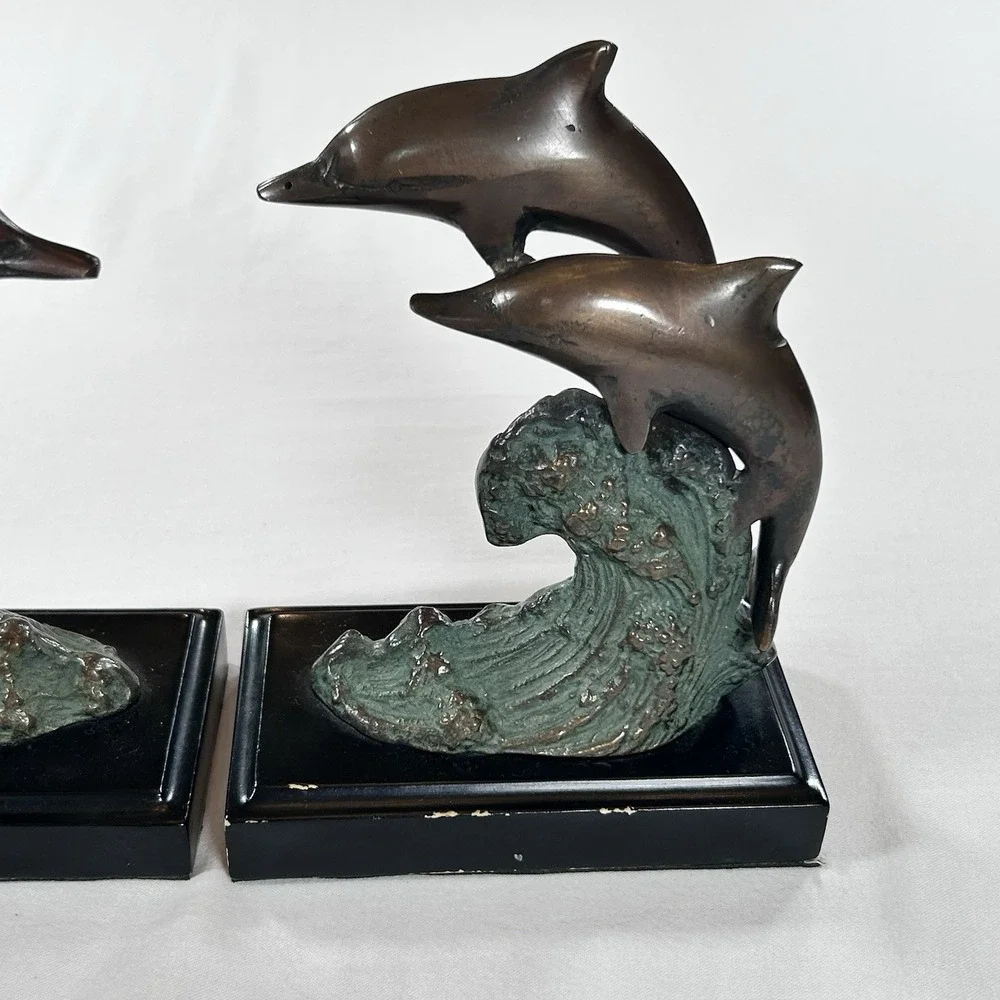 Vintage Brass Pair Of Dolphin Bookends Collectable Decor Figurines Waves MCM
